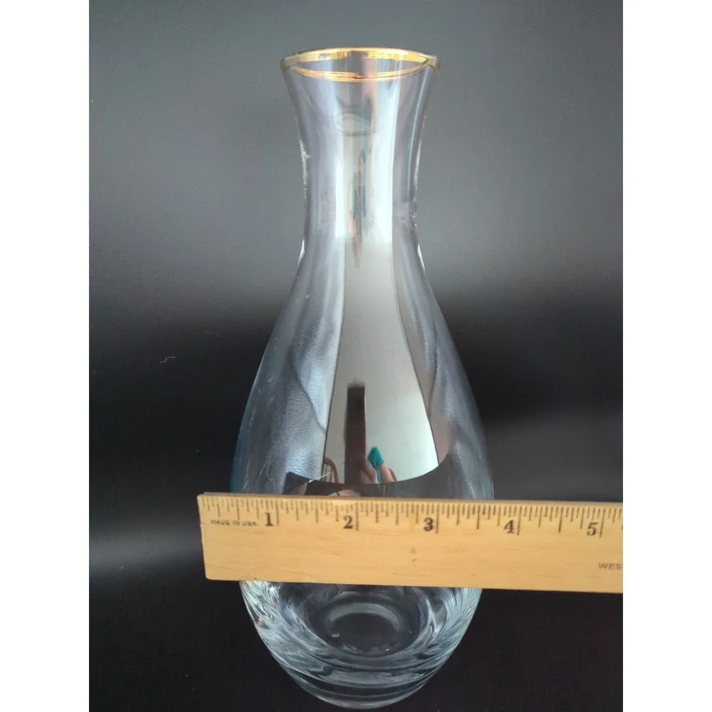Clear Art Glass Carafe Vase Iridescent Gold Rim Bulbous Mid Century Modern Vtg